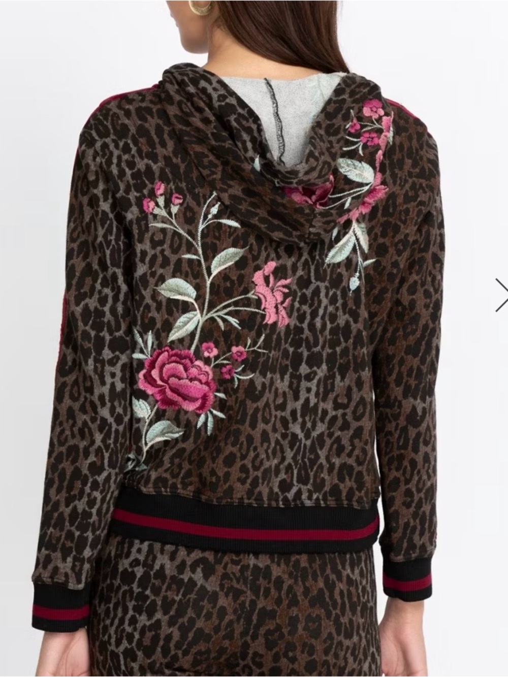 Johnny Was Brown Erin Athletic Zip Up Hoodie with Leopard Pink Rose Embroidery - Picture 5 of 5